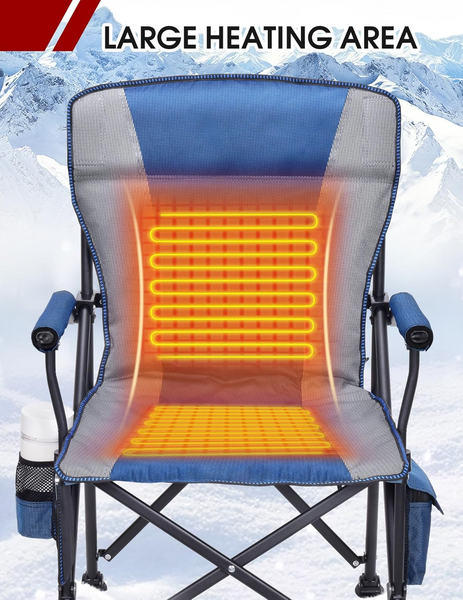 Heated Camping Chair for Adults, Fully Padded Heated Folding Chair with 3 Heat Levels, Heats Back and Seat, Rich Pockets & Cup Holder, for Outdoor Sports, Battery NOT Included, Support 300LBS - Blue