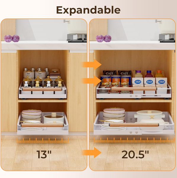 Pull Out Cabinet Organizer with Handle, 3 Rails Deep Storage Cabinet Organizer with Adhesive, Expandable Slide Out Drawer for Kitchen Cabinets, Heavy Duty Roll Out Shelves for Pantry, Laundry -1 Unit