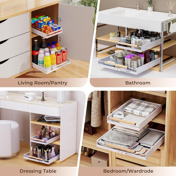 Pull Out Cabinet Organizer with Handle, 3 Rails Deep Storage Cabinet Organizer with Adhesive, Expandable Slide Out Drawer for Kitchen Cabinets, Heavy Duty Roll Out Shelves for Pantry, Laundry -1 Unit