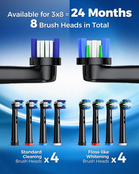 Electric Toothbrush, Rotating Electric Toothbrush for Adults with 8 Brush Heads (2 Types), 40000 VPM 4 Modes Deep Clean Rechargeable Electric Toothbrush, 2 Min Smart Timer