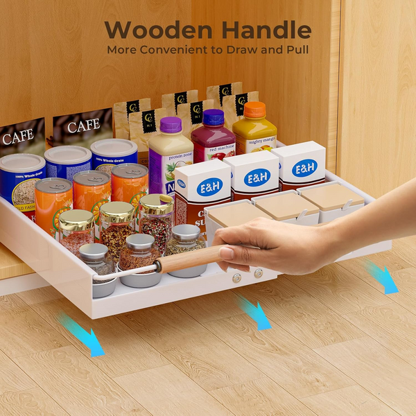 Pull Out Cabinet Organizer with Handle, 3 Rails Deep Storage Cabinet Organizer with Adhesive, Expandable Slide Out Drawer for Kitchen Cabinets, Heavy Duty Roll Out Shelves for Pantry, Laundry -1 Unit