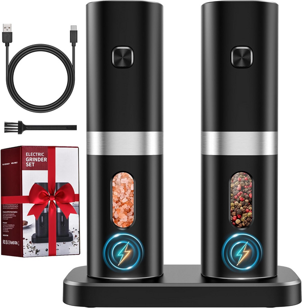 VicTsing Electric Salt and Pepper Grinder Set, Auto Pepper Mill Grinder with Charging Base & 4*Rechargeable Batteries, LED White Light, Adjustable Coarseness, for Kitchen & Outdoor, 2Pack