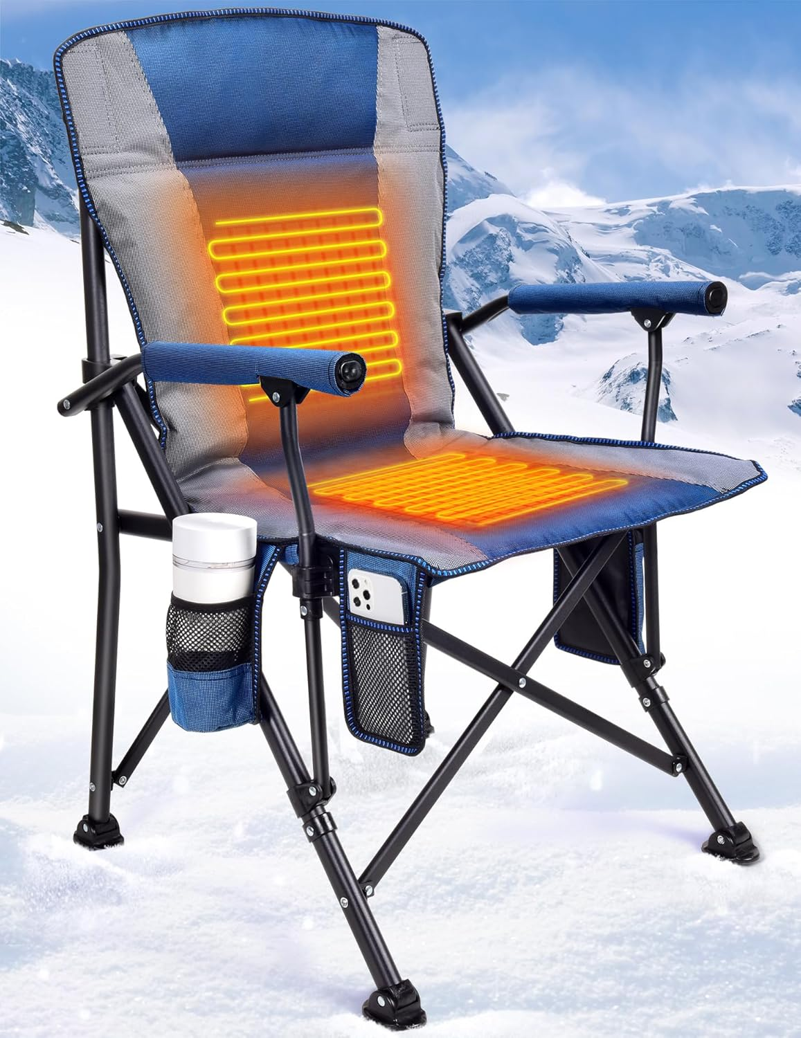 Heated Camping Chair for Adults, Fully Padded Heated Folding Chair with 3 Heat Levels, Heats Back and Seat, Rich Pockets & Cup Holder, for Outdoor Sports, Battery NOT Included, Support 300LBS - Blue