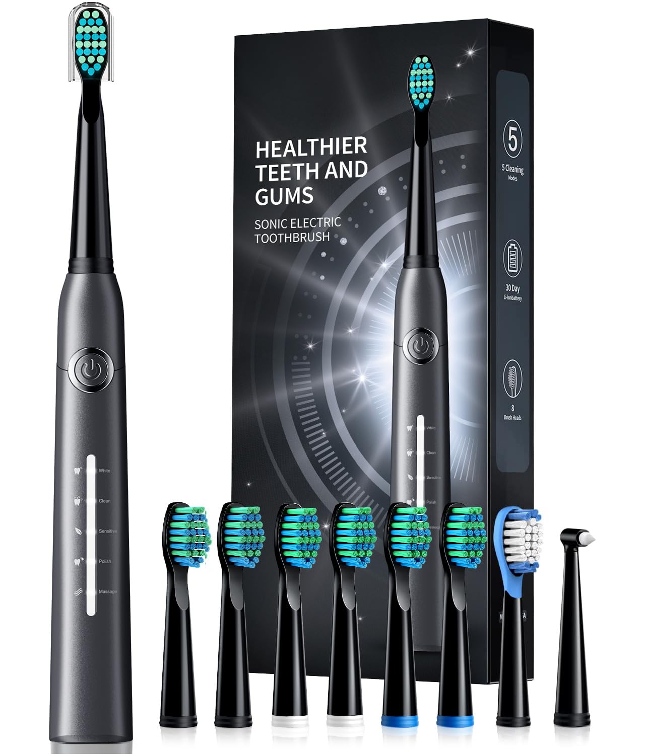 Electric Toothbrush for Adults with 8 Brush Heads, Sonic Electric Toothbrush with 40000 VPM Deep Clean 5 Modes, Rechargeable Toothbrushes Fast Charge 4 Hours Last 30 Days