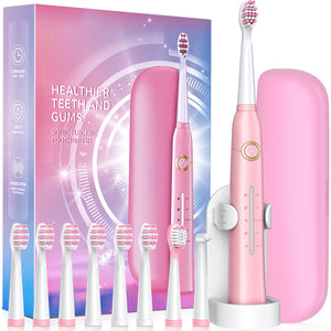 Electric Toothbrush with Travel Case, Sonic Toothbrush for Adults with 8 Brush Heads for 2-Year Use, 40000 VPM Deep Clean Rechargeable Toothbrushes Last 30 Days with 5 Modes, Pink