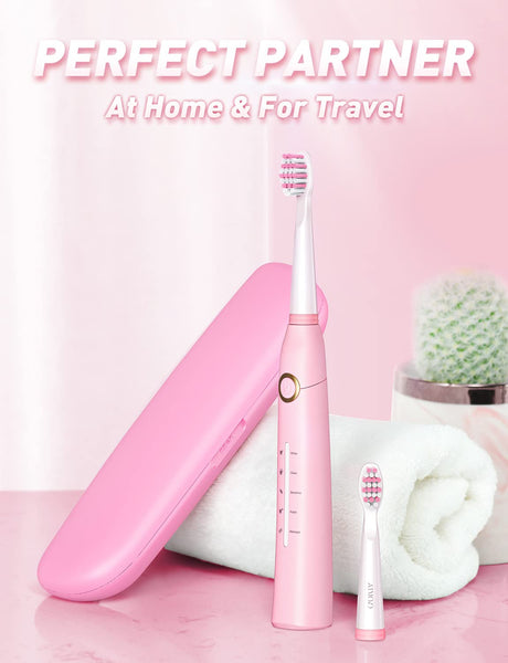 Electric Toothbrush with Travel Case, Sonic Toothbrush for Adults with 8 Brush Heads for 2-Year Use, 40000 VPM Deep Clean Rechargeable Toothbrushes Last 30 Days with 5 Modes, Pink