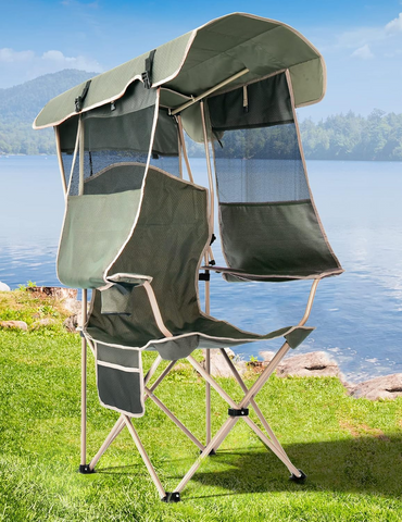 VictSing Beach Chair with Retractable Canopy Shade, Beach Chairs for Adults with Cup Holder, Side Pocket, Portable Foldable Camping Chairs for Lawn/Camping/Tailgates/Sports/Beach - Support 330 lbs